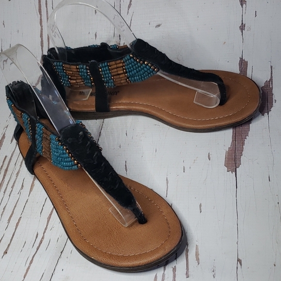 Minnetonka Shoes - Minnetonka 7 T-strap thong ankle strap beaded black suede sandals